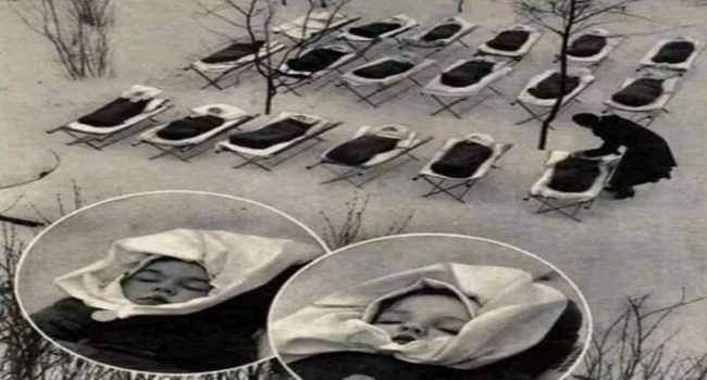 1958 г.-Бебета оставени да спят навън при минусови температури за укрепване на имунната система
