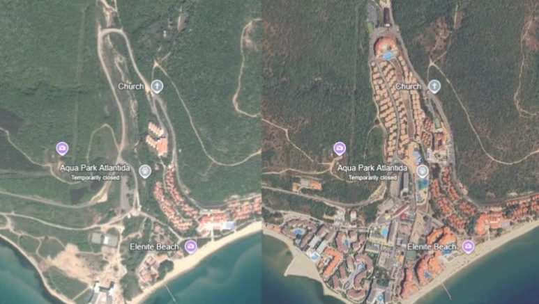 Сателитни кадри от 2003 и 2024 показват как е строено на Елените